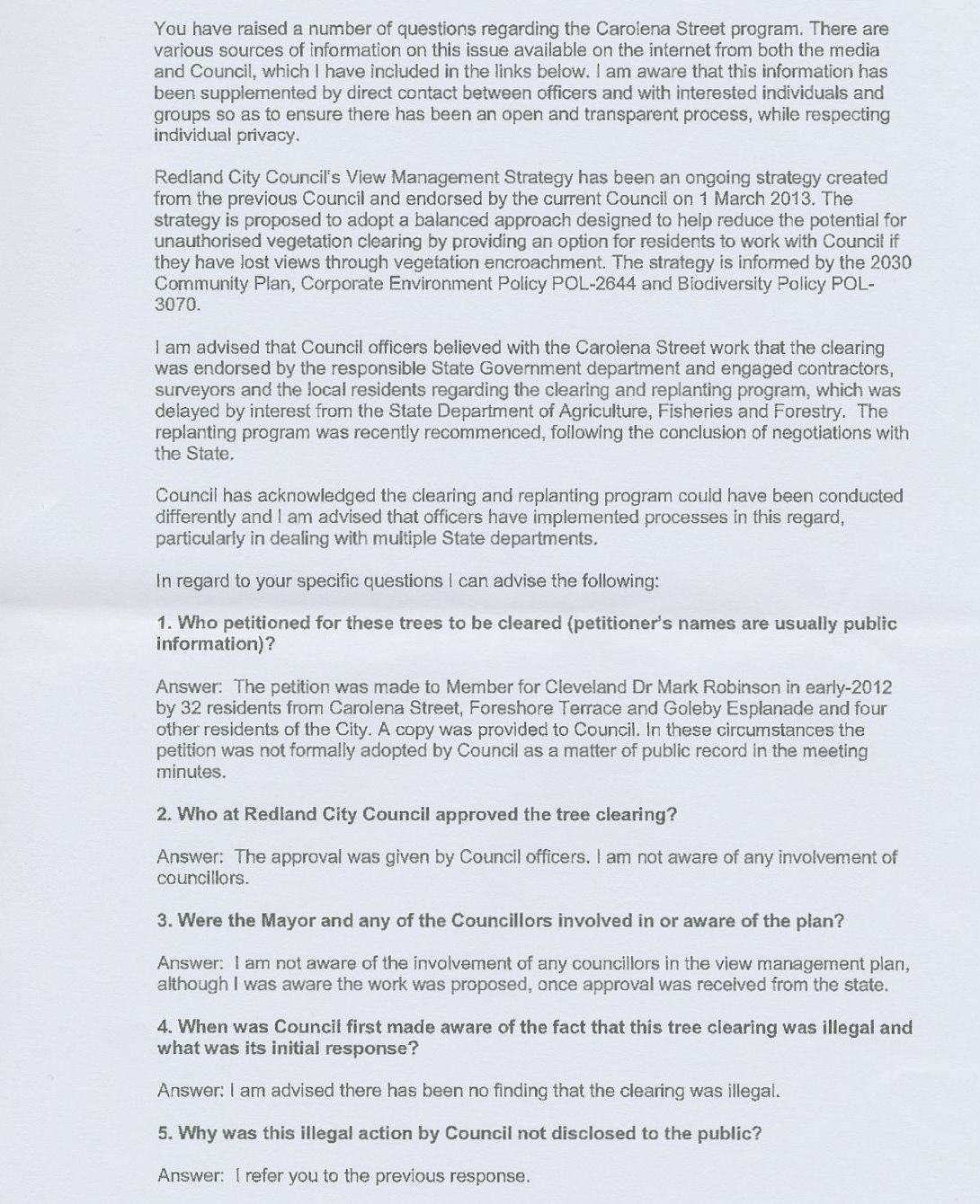 Page 2 of Cr Hardman's response to questions about tree clearing