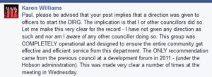 Part of a comment by Mayor Karen Williams on Cr Paul Bishop's Facebook page, 24 April 2015