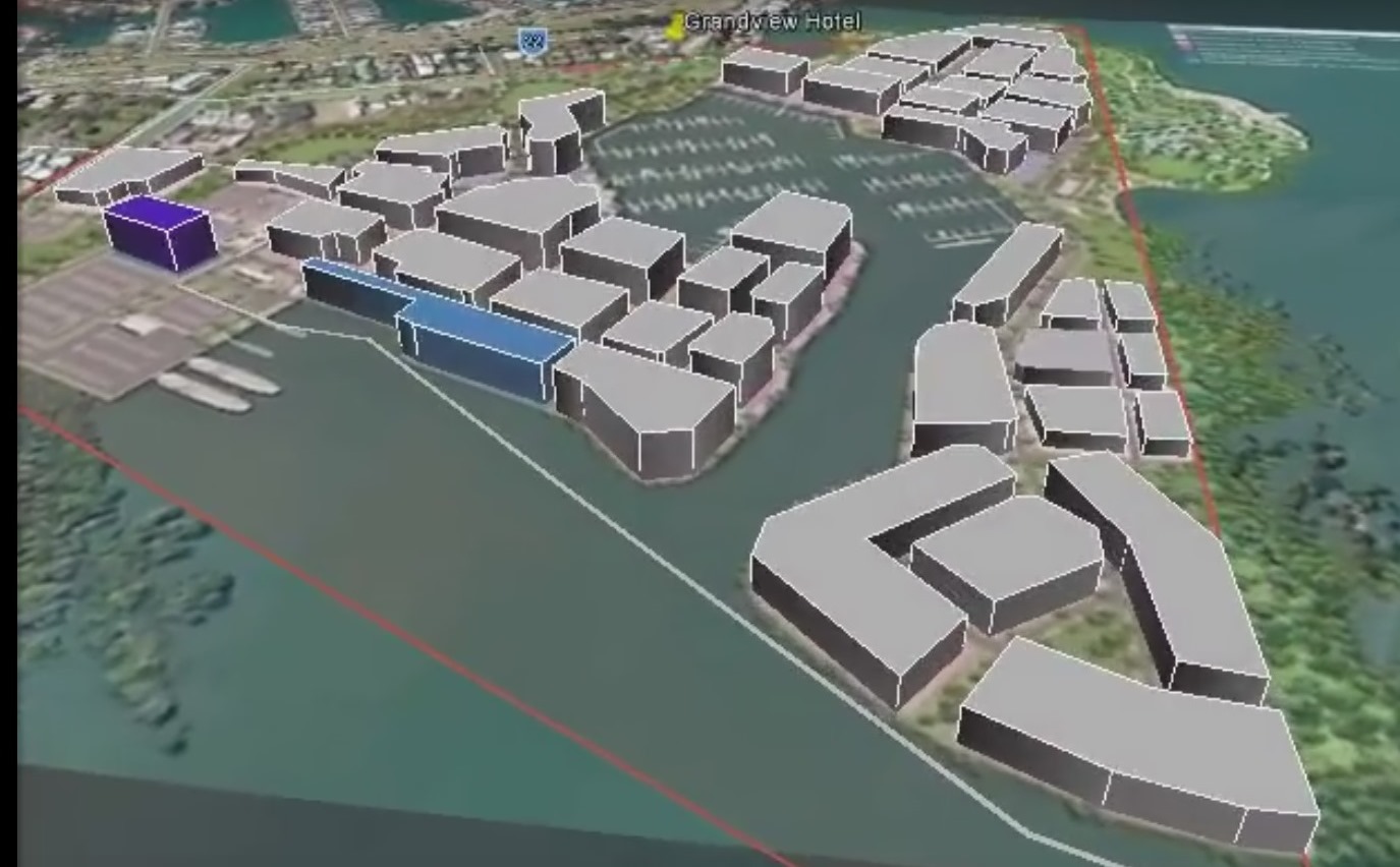 Toondah Towers from a flyover simulation prepared by Redlands2030 to help the community understand the scale of proposed development at Toondah Harbour