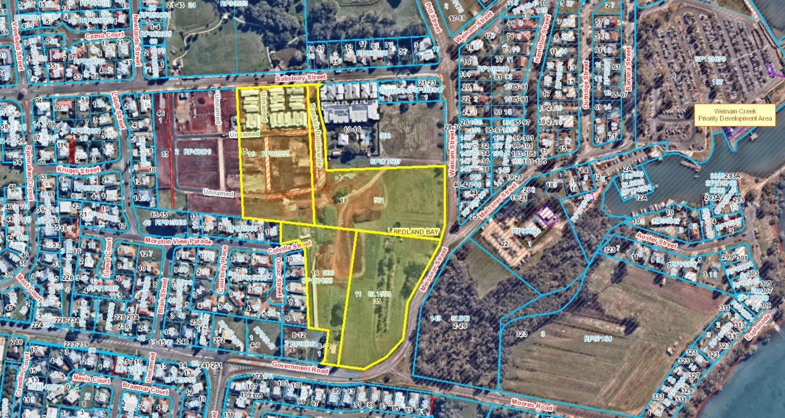 Aerial map showing location of Villa World's proposed 88 lot subdivision at Redland Bay