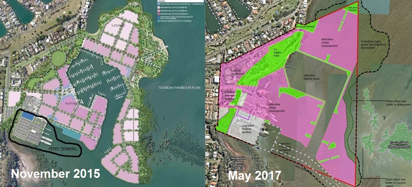 Toondah plans submitted for environmental assessment in 2015 and the new slightly revised version.