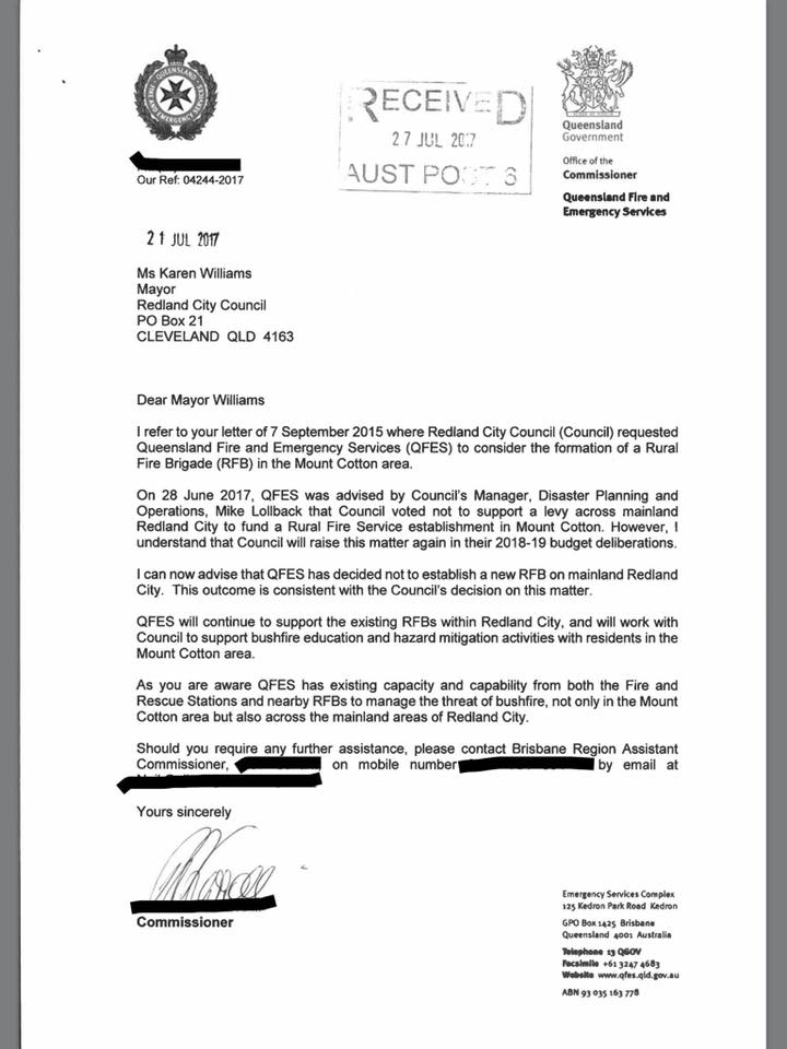Letter about Rural Fire Brigade from Queensland Fire and Emergency Services Commissioner 21 July 2017