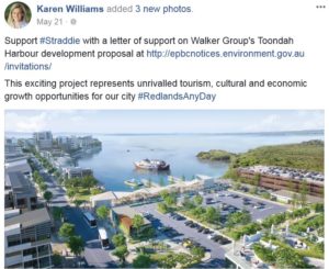 Mayor Karen Williams' Facebook post calling for letters of support on Walker Group's proposal