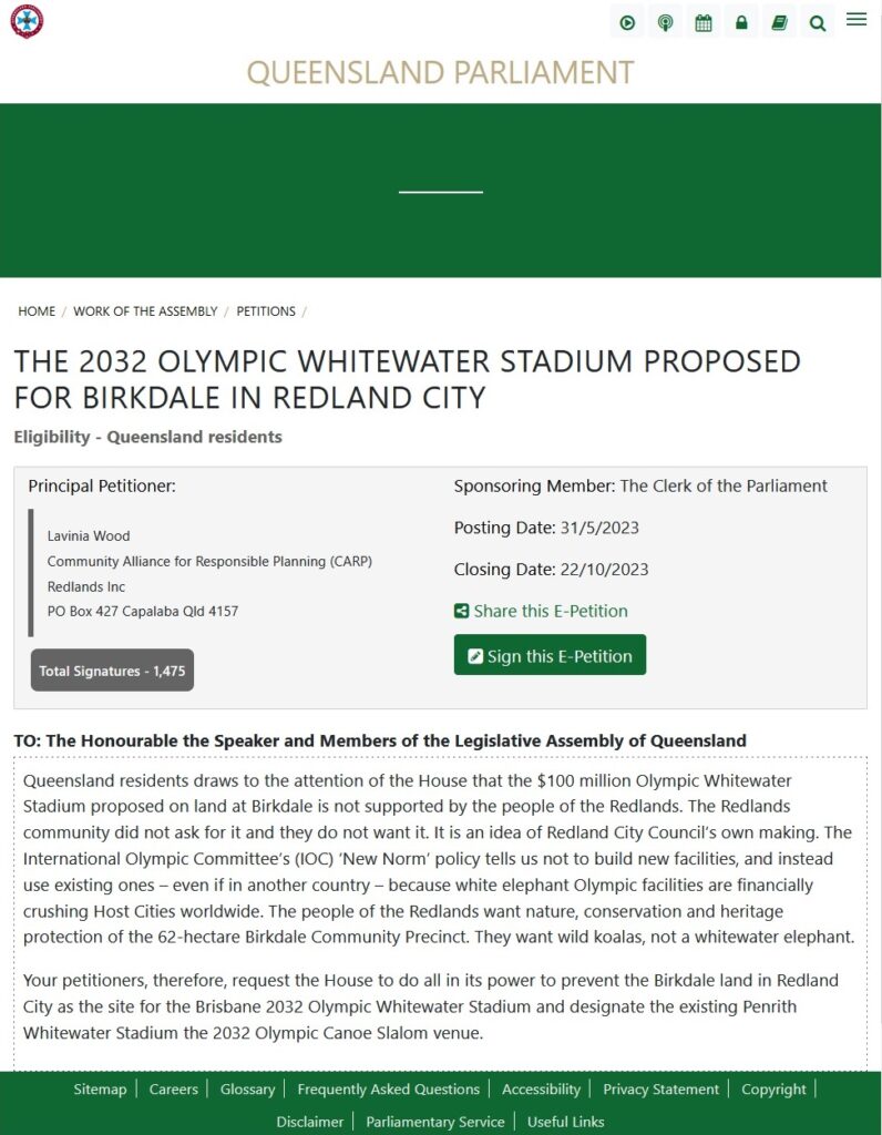 Petition to Queensland Parliament about olympic canoe slalom venue for Brisbane 2032 Olympics.